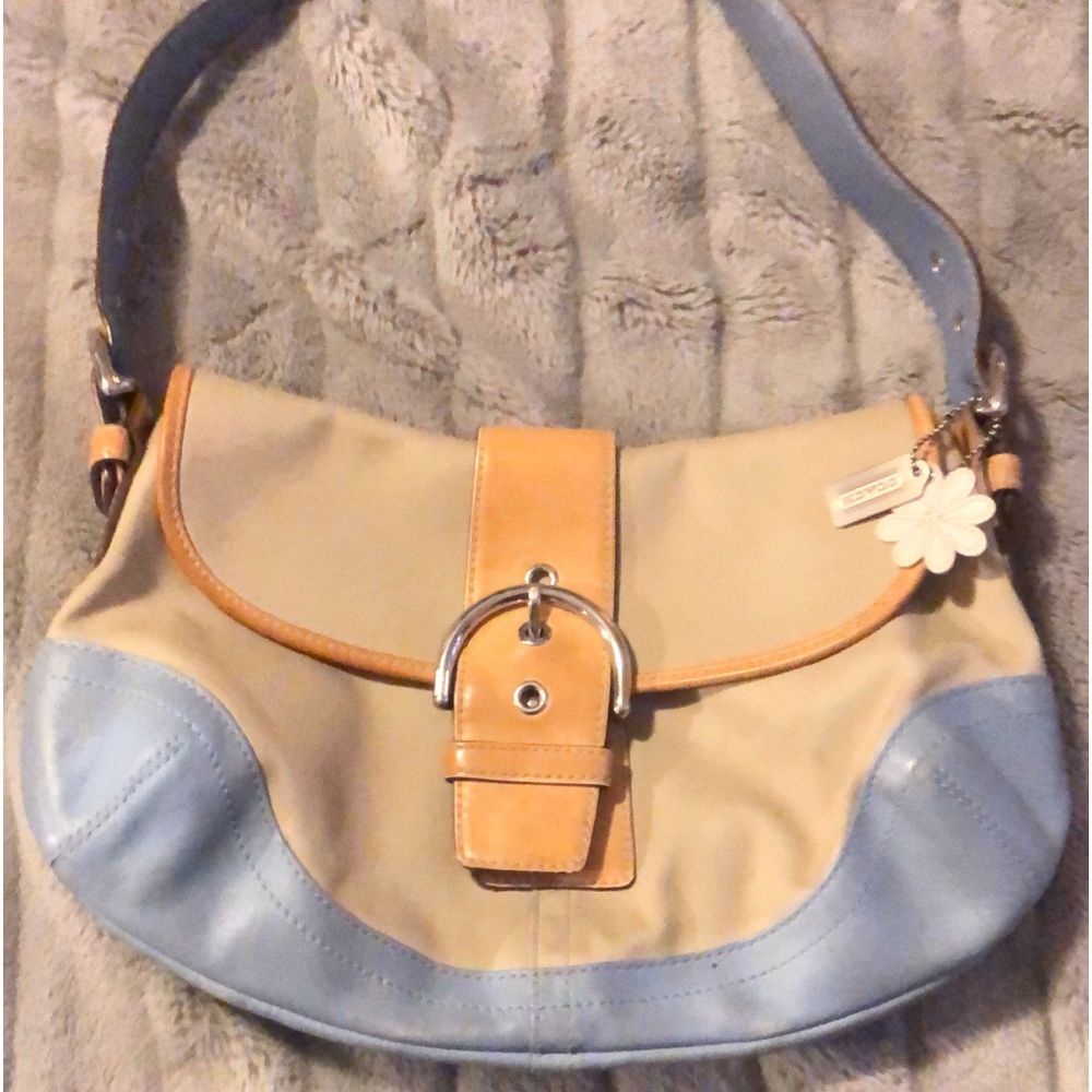 Coach shoulder bag, khaki canvas & blue leather.